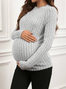 SHEIN Koszulka ciążowa w jednolitym kolorze, z okrągłym dekoltem i długim rękawem, prążkowana, swobodna, jesień