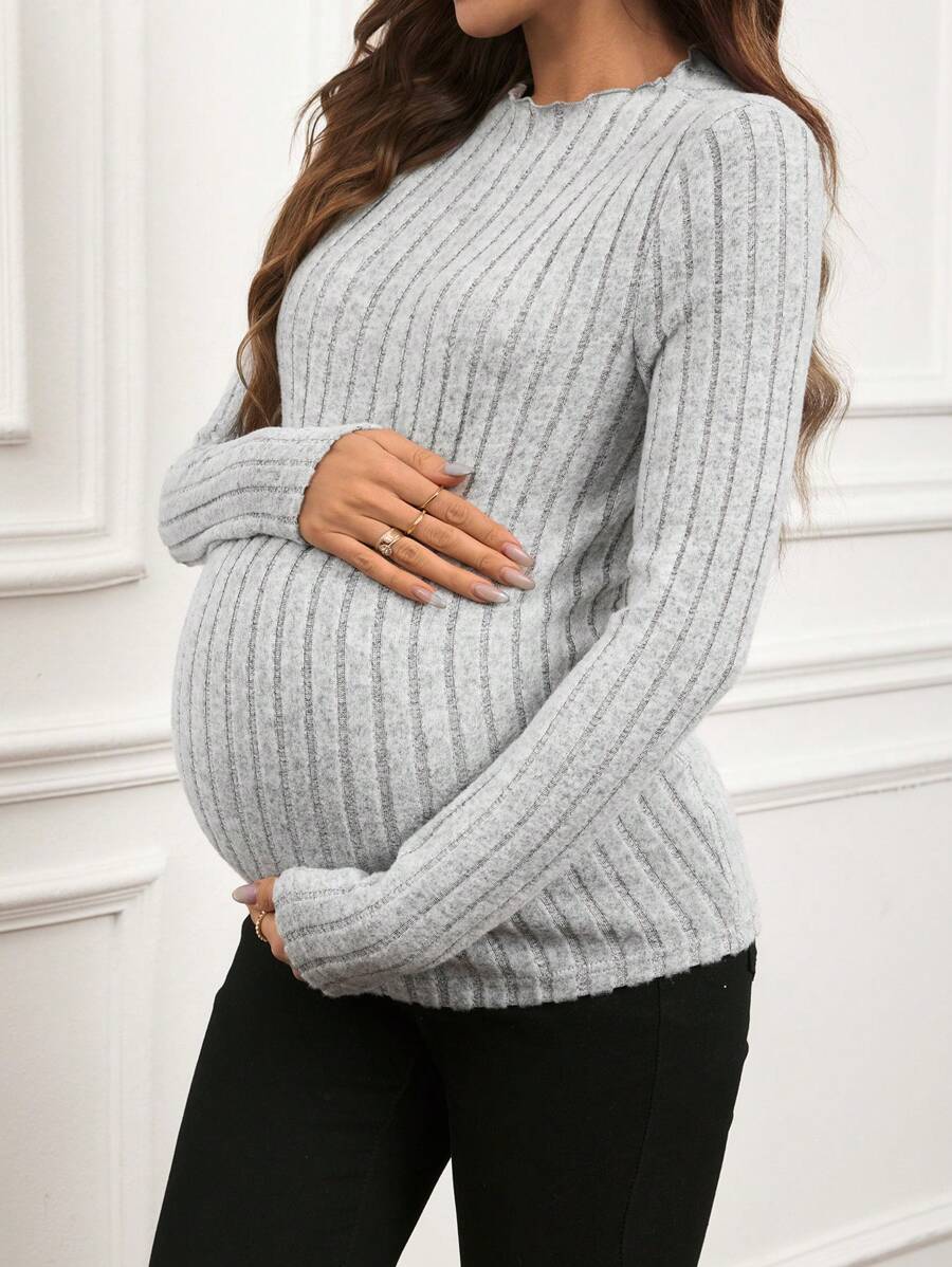 SHEIN Koszulka ciążowa w jednolitym kolorze, z okrągłym dekoltem i długim rękawem, prążkowana, swobodna, jesień