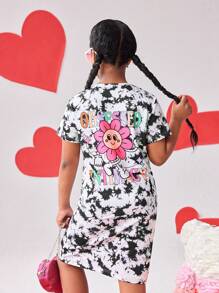 Vestido de camiseta con estampado floral y gráfico colorido de letras para niñas preadolescentes, moda y tendencia, apto para la escuela, viajes y uso en todas las estaciones