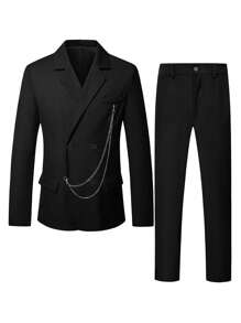 Manfinity Mode Men's Chain Decor Double Breasted Suit Set, Jacket And Pants,Blue Suit Set. - Black - View 4