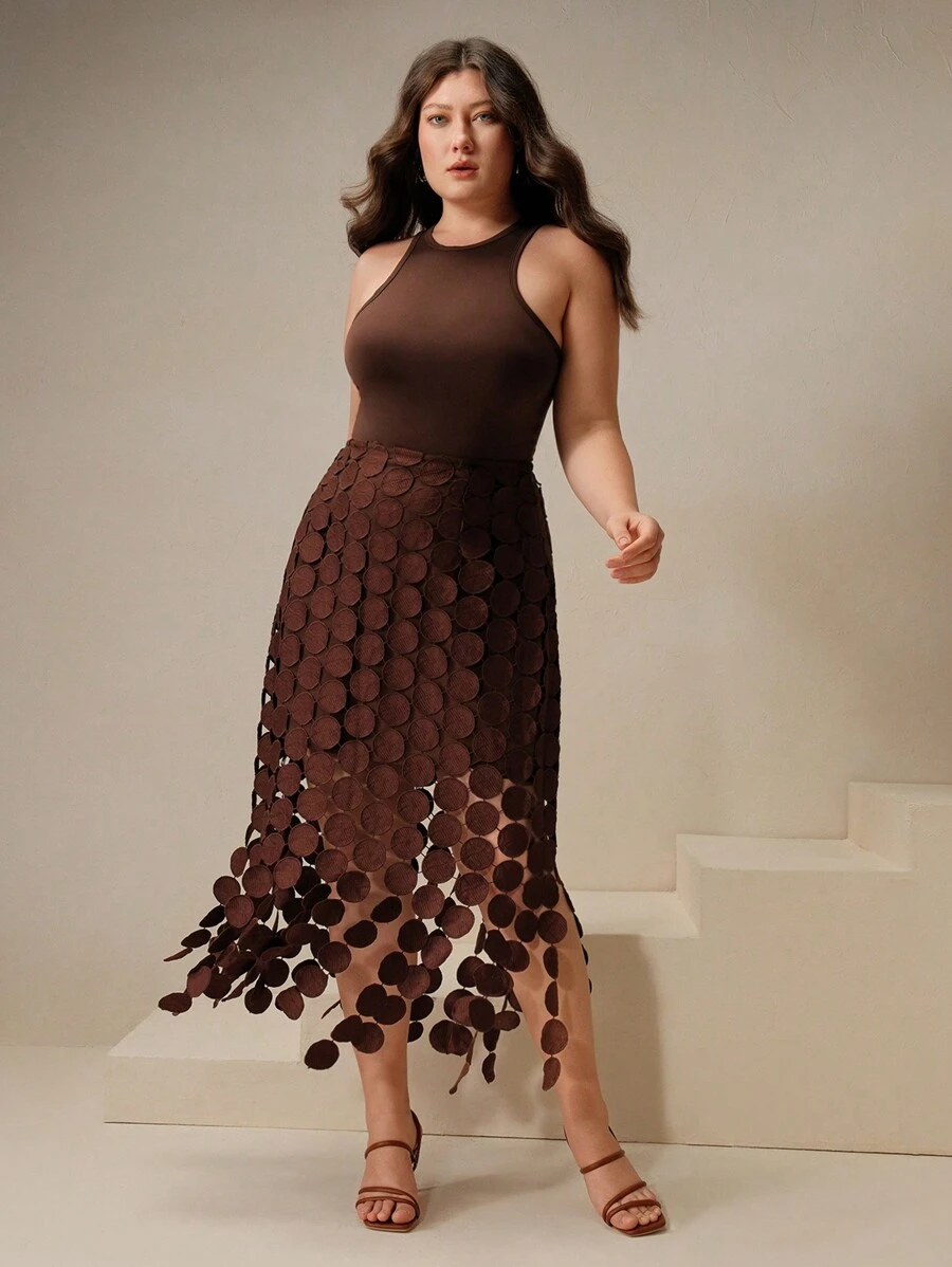 Anewsta Plus Size Women Korean Style Circular Pendant Decor A-Line Skirt - Brown - View 1