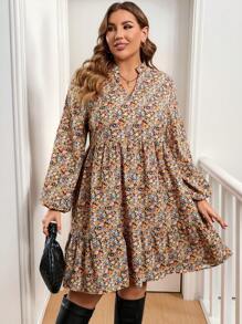 SHEIN Clasi 大码女式花卉印花灯笼袖连衣裙，秋季 - 彩色 - 查看 3