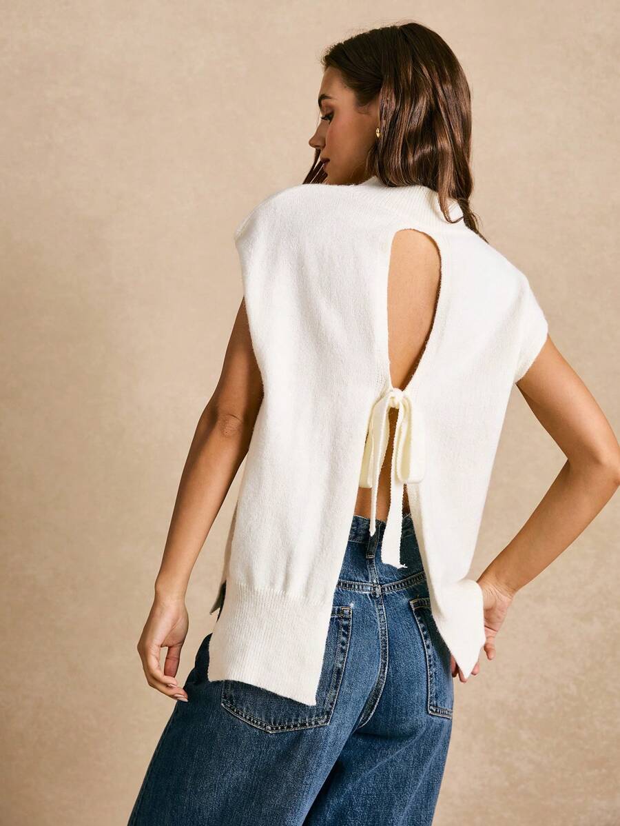 Poéselle 露背蝴蝶结细节毛衣背心，针织上衣，春夏上衣，轻松时尚必备单品