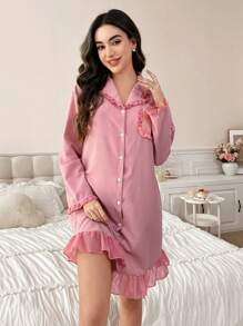 女士雪纺荷叶边领开衫睡衣裙 - 粉色 - 查看 3
