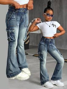 SHEIN Quần jeans ống loe denim túi hộp cổ điển cho bé gái tuổi teen Y2K, trang phục mùa thu, thời trang dạo phố khi trở lại trường - Rửa trung bình - Xem 1