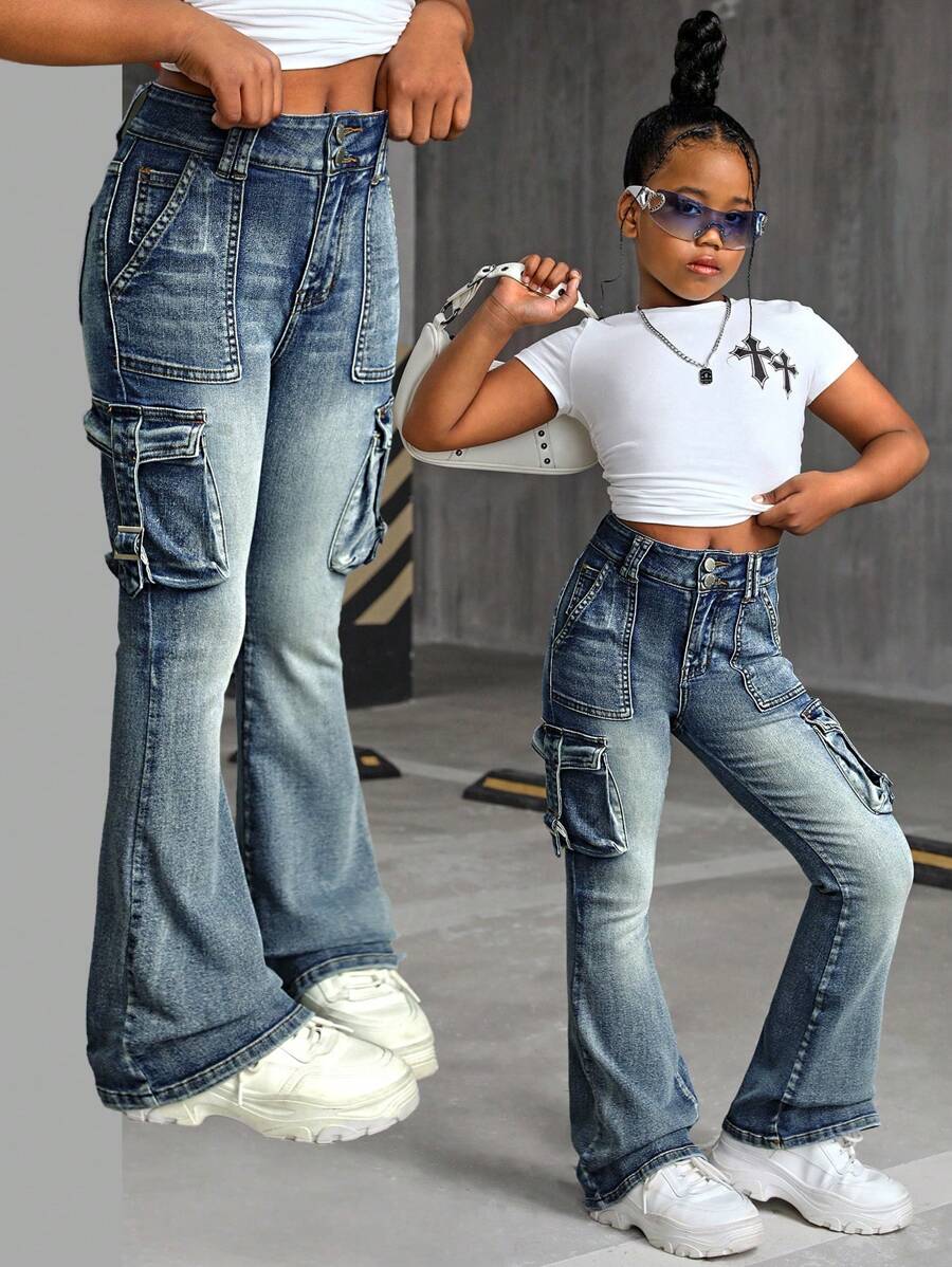 SHEIN Quần jeans ống loe denim túi hộp cổ điển cho bé gái tuổi teen Y2K, trang phục mùa thu, thời trang dạo phố khi trở lại trường - Rửa trung bình - Xem 1