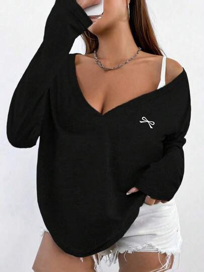 Flirla Plus Size Personalized Sexy V-Neck Long Sleeve Solid Color Open Shoulder Casual T-Shirt, Minimalist & Fashionable, Everyday Wear Graphic Tees Women Tops For Spring Fall Cloth For Women