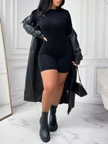 INAWLY 1pc Women Black Long Sleeve Sexy Bodycon Tight Knit Jumpsuit, Sportswear For Autumn