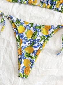 Soleia Women's Lemon Fruit Print Tie-Up Bikini Two Pieces Set, Swim Suits For Women, Vacation Outfit Women, Summer Outfits For Women, Beach Outfits For Women, Cute, Kawaii
