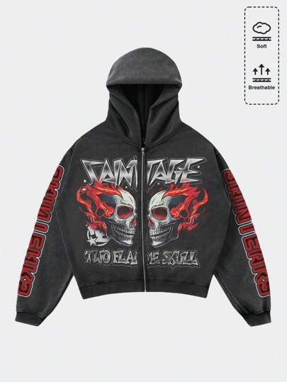 Street Life sweat-shirt à capuche zippé avec imprimé crâne et lettres délavé pour hommes