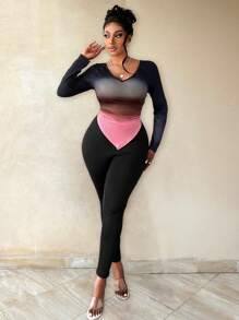 Maweii 2pcs/Set Plus Size Women Gradient Color Sexy Tight Activewear Top And Leggings Set - Black - View 4