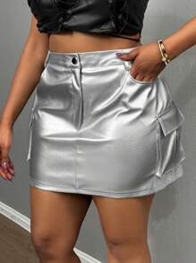Slaydiva Plus Size Women's Solid Color PU Leather Pockets Bodycon Mini Skirt - Silver - View 1