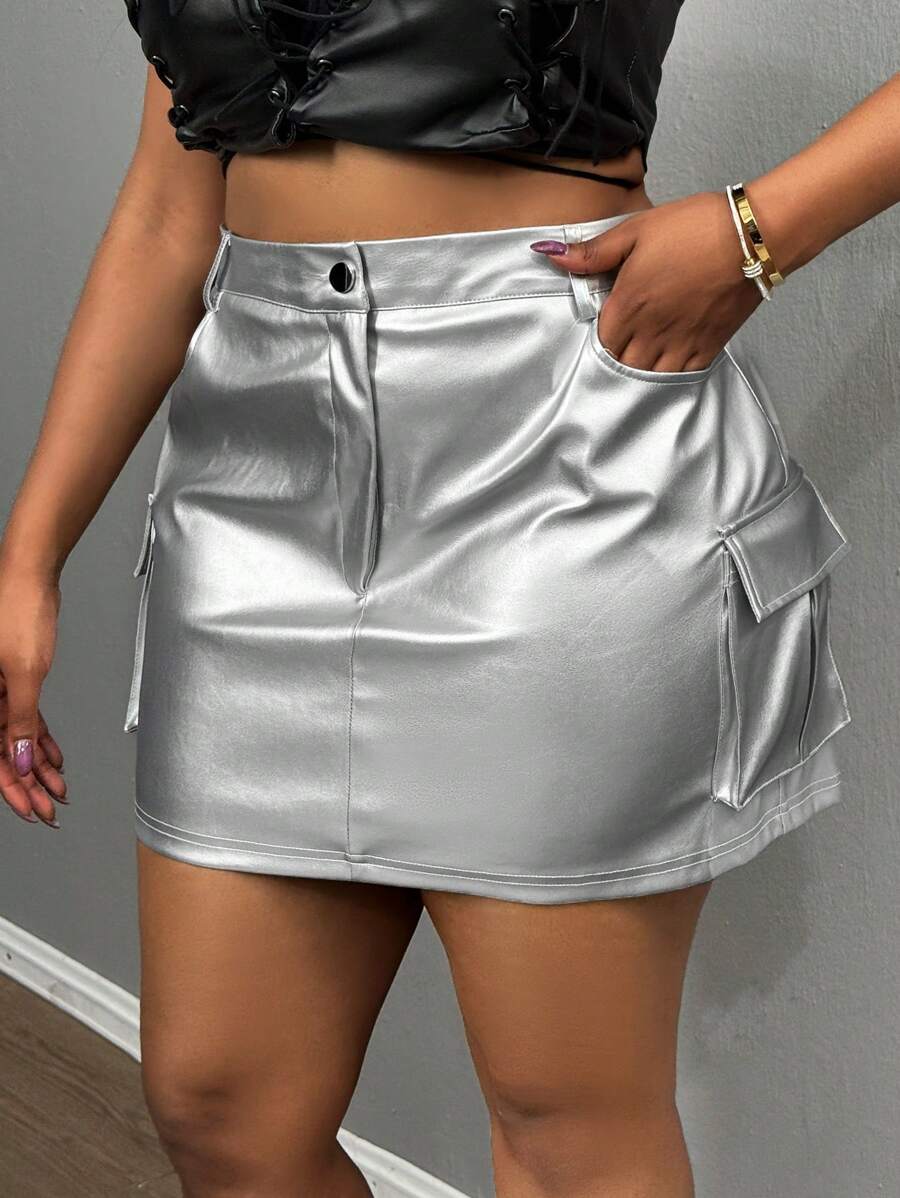 Slaydiva Plus Size Women's Solid Color PU Leather Pockets Bodycon Mini Skirt - Silver - View 1