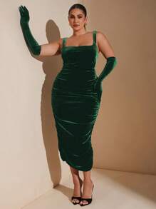 SHEIN BAE Plus Size Fall Sweet And Elegant Woman Black Velvet Large Square Collar Gathered Mid-Length Dress, Suitable For Night Parties And Formal Banquets Fall Wedding Guest Dress Homecoming Dresses