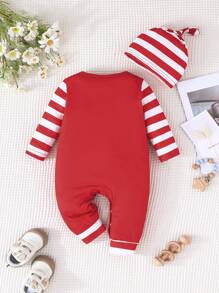 SHEIN Set de 2 piezas Pelele de Navidad para bebé niña con manga larga, estampado de árbol de Navidad y letras, rayado y con capucha - Rojo - Ver 2