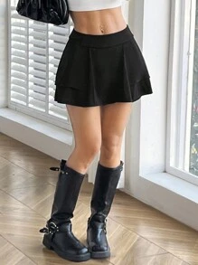 SHEIN EZwear Women's Solid Color Ruffle Hem Fashion Mini Skirt - Black - View 4