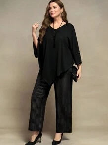 SHEIN Clasi 2pcs Plus Size Women Set, Elegant Cape Top & Foil Striped Pants - Black - View 3
