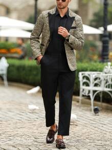 Manfinity AFTRDRK Men's Solid Color Patchwork Button Front Long Sleeve Top And Pants Suit Set, Simple - Gold - View 6