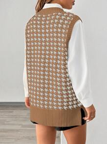 Chiquease Women's Houndstooth V-Neck Casual Knit Sweater Vest, Autumn/Winter - Brown - View 2