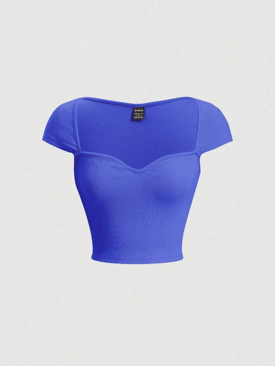 SHEIN MOD 雞心領口羅紋針織T恤 - 寶藍色 - 查看 1