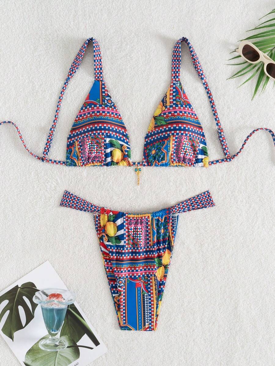 SHEIN Swim Print Strappy Tie Bow Accent Women's Bikini Swimwear Two-Piece Set Summer - Multicolor - View 1