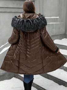 SHEIN LUNE Plus Size Winter Clothes Casual Hooded Coat With Fur Collar - Chocolate Brown - View 1