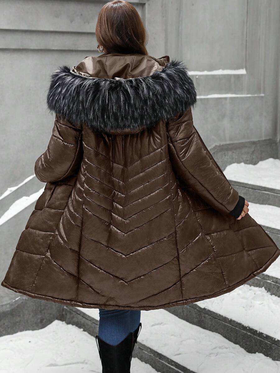 SHEIN LUNE Plus Size Winter Clothes Casual Hooded Coat With Fur Collar - Chocolate Brown - View 1