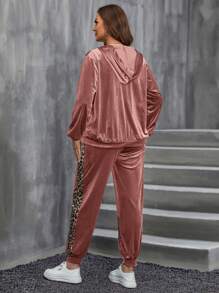 SHEIN LUNE Plus Size Women Leopard Splice Zipper Front Hooded Sweatshirt And Pants 2 Pieces Set, Casual Autumn Western Wear Women Festival Boho Hippie Cowgirl Outfit Old Money Bohemian - Dusty Pink - View 2