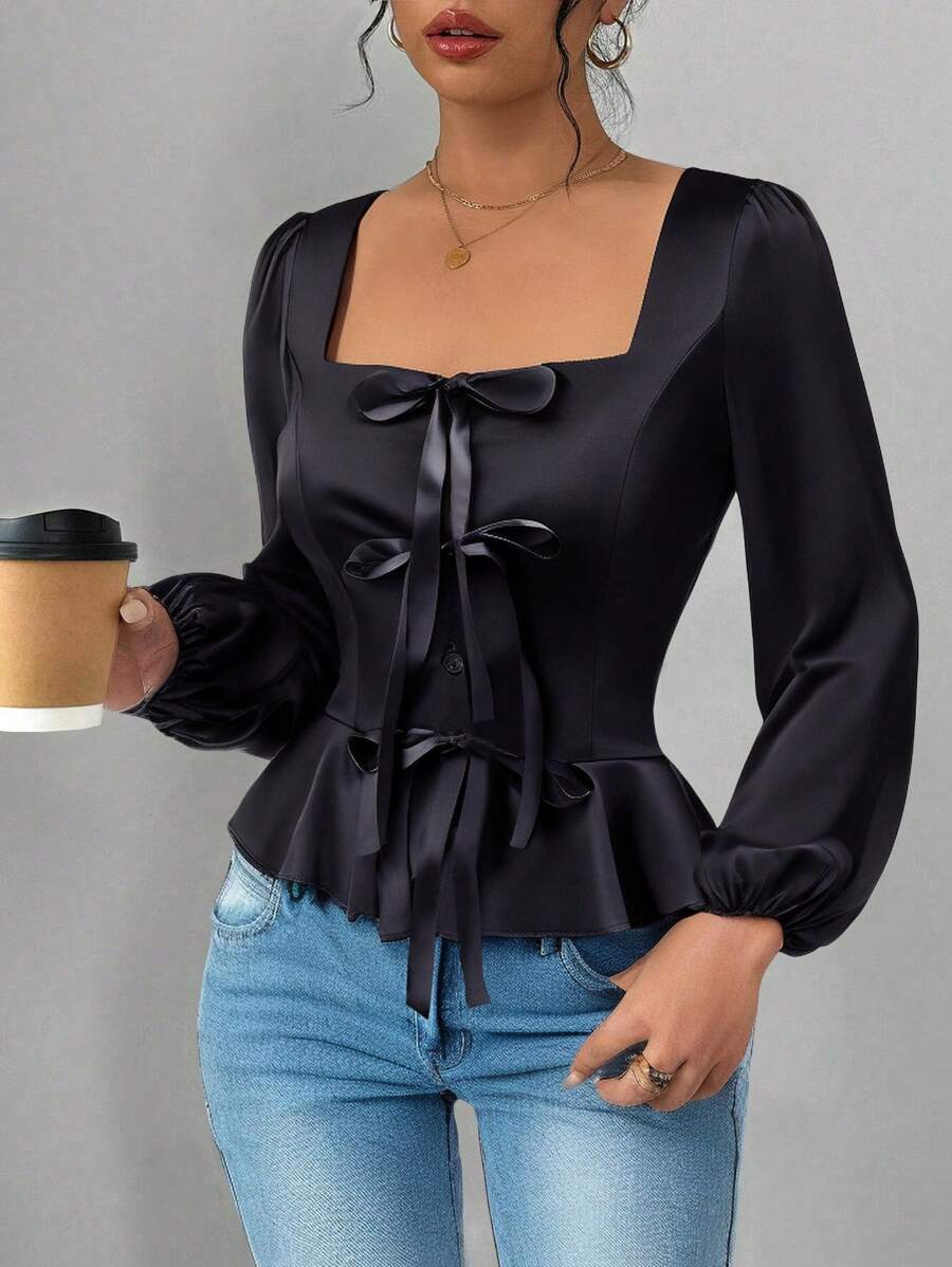 Chiquease Blusa negra de satén con cordón de ajuste en la cintura, ropa para fiestas, blusas para salir, para Año Nuevo - Negro - Ver 1