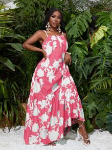 Slaydiva 夏季假期薄款吊带 A 字下摆长裙绿色植物全身印花女士连衣裙 - 西瓜粉 - 查看 6