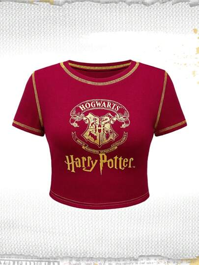 Harry Potter | ROMWE تي شيرت كاجوال قصير الأكمام بطبعة حروف هوغوارتس للنساء ذوات الحجم الكبير ،صيفي