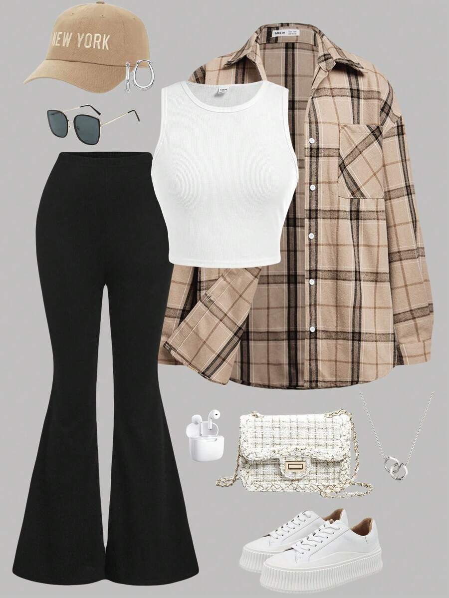 SHEIN Girlism 少女买 1 送 2 3 件/套：格子长袖衬衫、白色短款背心、罗纹针织喇叭裤休闲学院风 3 件套