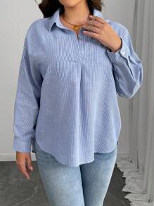 INAWLY Women Retro Casual Loose Striped Half-Button Shirt