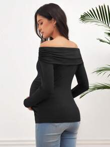 SHEIN Women's Solid Color T-Shirt, Off-Shoulder Fitted Maternity Tops, Autumn - Black - View 5
