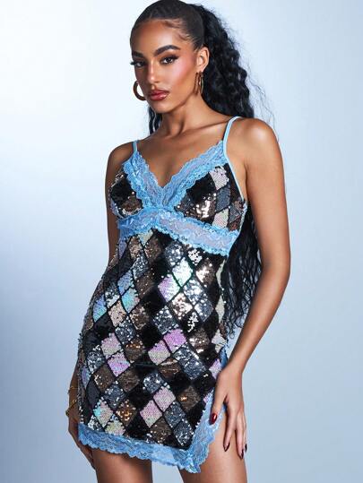 Armand Vestido mini sexy con tirantes de encaje con lentejuelas brillante con estampado de diseño argyle negro, ideal para fiestas, salida, cumpleaños, primavera y verano, festivales, baile de graduación