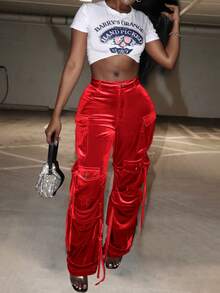 Women's Solid Color Front Button Simple Casual Pocket Cargo Pants - Đỏ - Xem 6