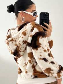 SHEIN ICON 女式前拉链长袖图案细节简约 Y2k 节日新年奶牛印花连帽上衣冬季 - 杏色 - 查看 1