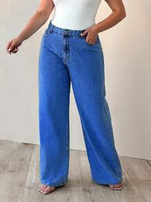 EURMUSE 100% Cotton HIGH WAIST WIDE LEG CUT PLUS SIZE  JEAN - Dark Wash - View 3