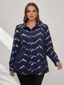 SHEIN Clasi Plus Size Long Sleeve Rhombus Print Buttoned Shirt, Elegant Business & Commuting Wear For Summer - Navy Blue - View 6