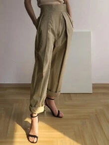 DAZY 女式宽腰斜襟哈伦休闲裤，商务休闲，四季秋季 - 卡其色 - 查看 2