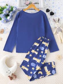 Conjunto de pijama para niñas con estampado de conejito, estrella, luna y nube - Azul Marino - Ver 2
