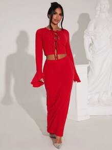 SHEIN SXY Damen Outfit-Set aus einfarbigem Crop Top mit Bindeband und Glockenärmeln sowie langem figurbetontom Bleistiftrock, 2-teilig - Bordeaux - Übersicht 6
