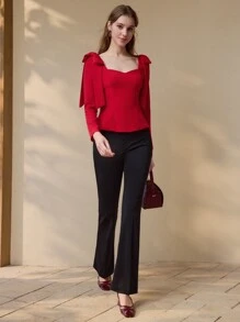 MOTF PREMIUM Blusa de hombros con lazo de cintura ajustada para ropa de Año Nuevo