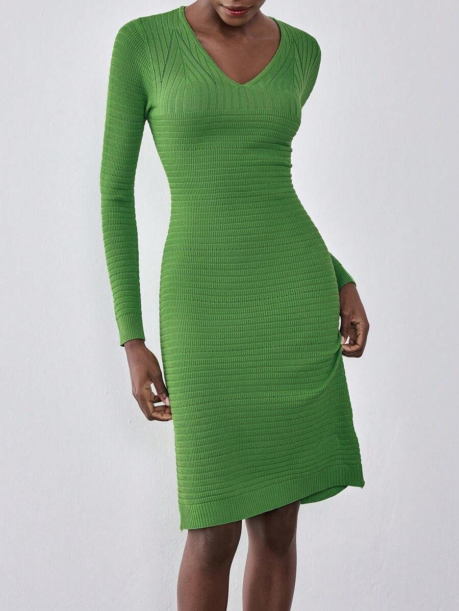 Chiquease Long Sleeve Fitted Knit Midi Dress, Lightweight For Spring - Green - View 1