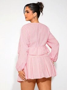 SHEIN SXY Plus Size Women Plaid Cardigan With Tie Cuffs And Plaid Pleated Mini Skirt 2 Pieces Set
