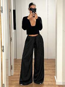 SHEIN ICON Ultra Low Rise Fold-Over Waistband Loose Wide Leg Pants