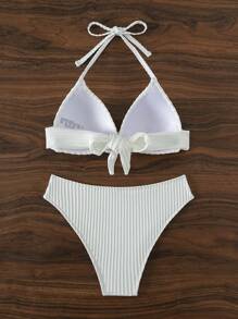 SHEIN Swim Women Texture Fabric Sexy Vacation Halter Push-Up Backless Bowknot Bikini Set Summer