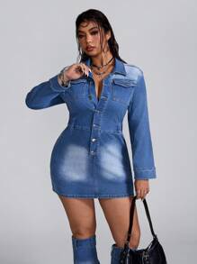 SHEIN ICON Vestido Corpete Fashionable Casual Azul Desgastado com Gola Alta, Manga Longa e Elástico, com Meias Anexadas para Mulheres - Lavagem Média - Visão 6