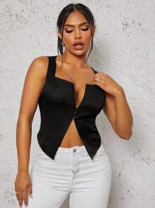 SHEIN SXY Women's Solid Color Square Neck Sleeveless Top With Front Button Design And Split Hem