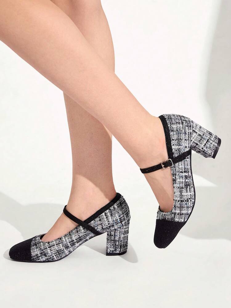 CUCCOO CHICEST Square Toe Strap Buckle Tweed 7cm High Heel Mary Jane Shoes, French Chic Elegant Spring Shoes Spring Break Easter Prom Heels